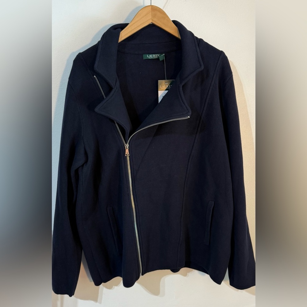 Lauren Ralph Lauren dark navy blue jacket sweater Cotton Blend Front Zipper 1X - Picture 2 of 9